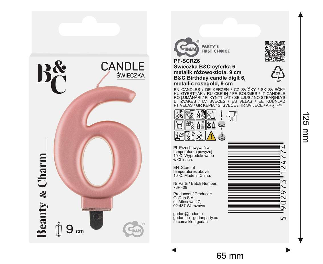 Birthday candle digit 6, metallic rosegold, 8 cm